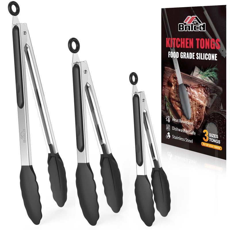 Bnlcd 600ÂºF Heat Resistant Kitchen Tongs, Premium Locking Cooking Tongs with Silicone Tips, Non-Slip Food Tongs for Cooking, Non-Stick, Heavy Duty Stainless Steel Handle, Set of 3-7" 9" and 12" Black - Image 1
